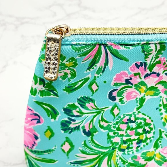 Lilly Pulitzer Cosmetic Bag Surf Blue Oh Diamond Girl Folia Green Pink Floral - Picture 3 of 8